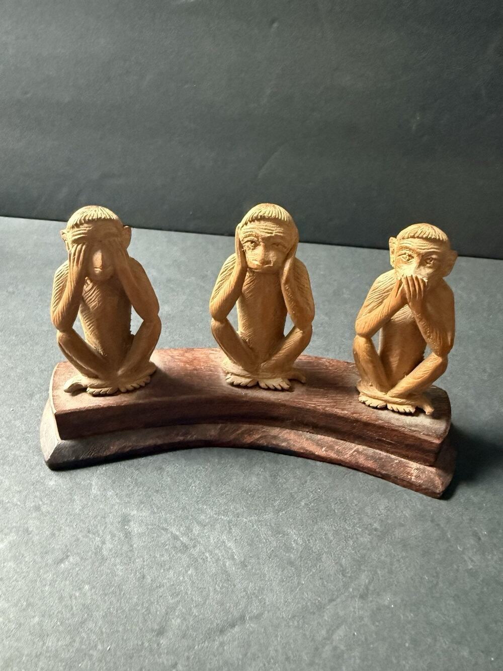 Handcarved Three Wise Monkeys Wood Statue Figurine Artisan Handcrafted Boho